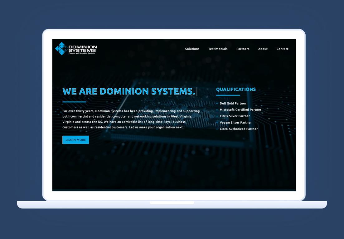 Screenshot of the Dominion Systems website showing the main interface and design
