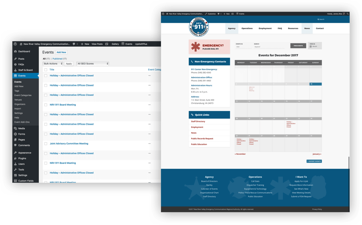 Screenshot of the New River Valley 911 website showing the main interface and design