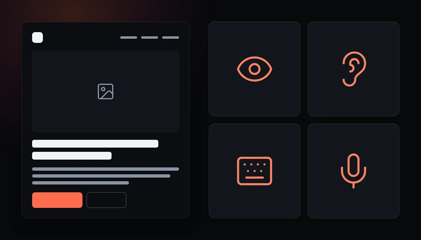 Illustration of a web page beside four tiles showing an eye, an ear, a keyboard and a microphone, for the different ways people use a website.
