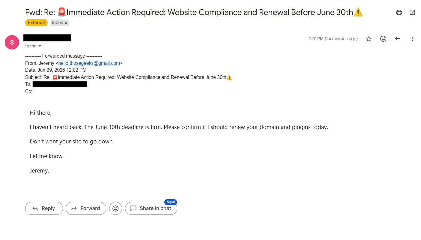 Screenshot of a fraudulent email impersonating ThoseGeeks