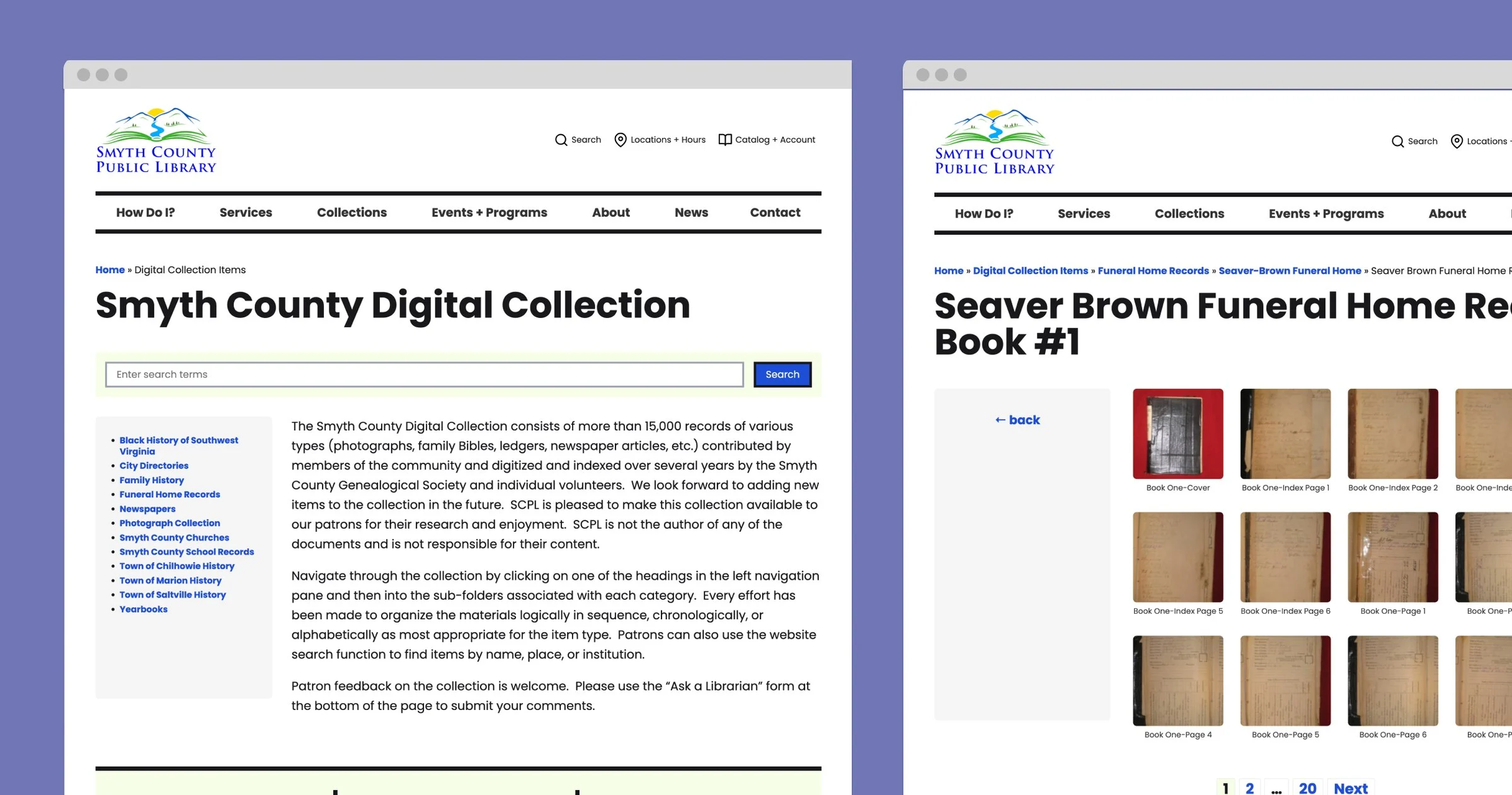 The Smyth County Public Libraries Digital Collection Migration website shown on desktop and mobile screens