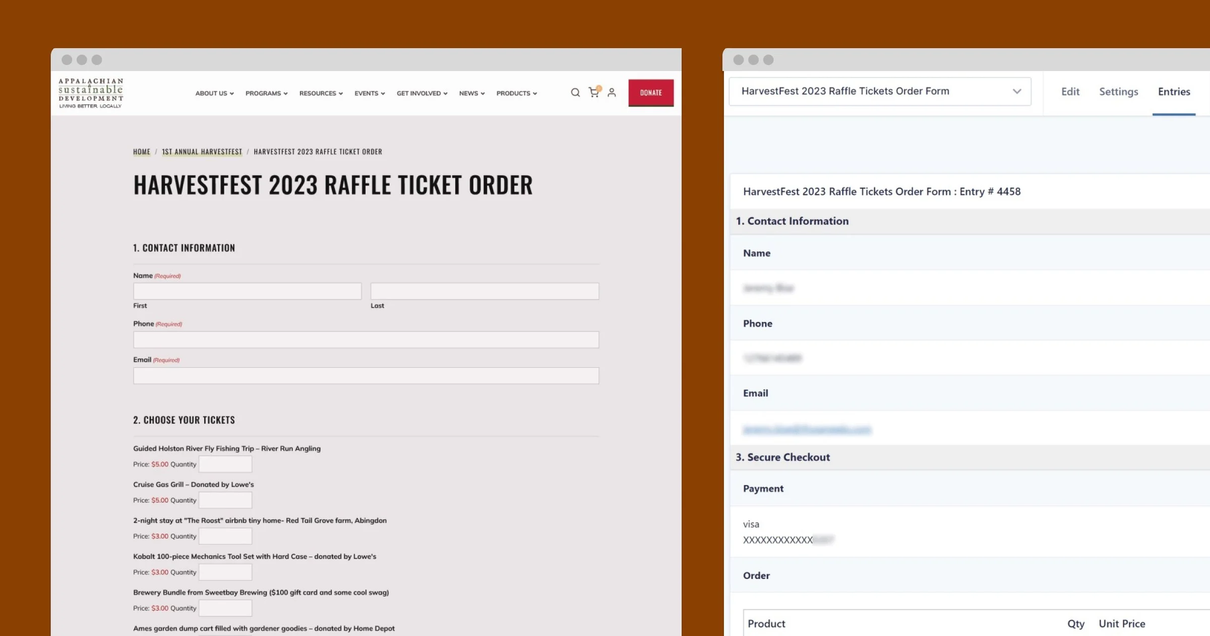 The HarvestFest Raffle Ticket E-commerce website shown on desktop and mobile screens