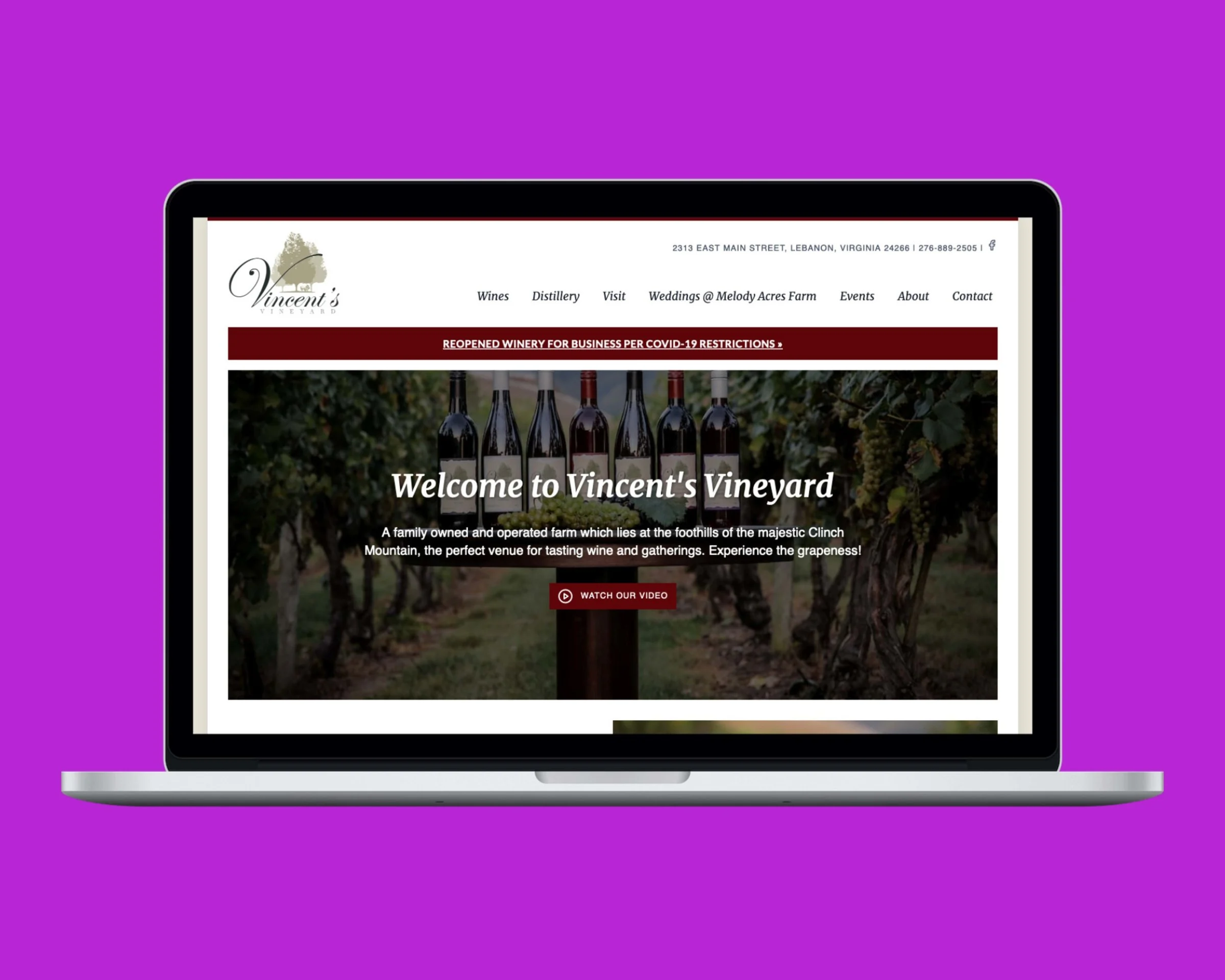 The Vincent's Vineyard Website Design website shown on desktop and mobile screens